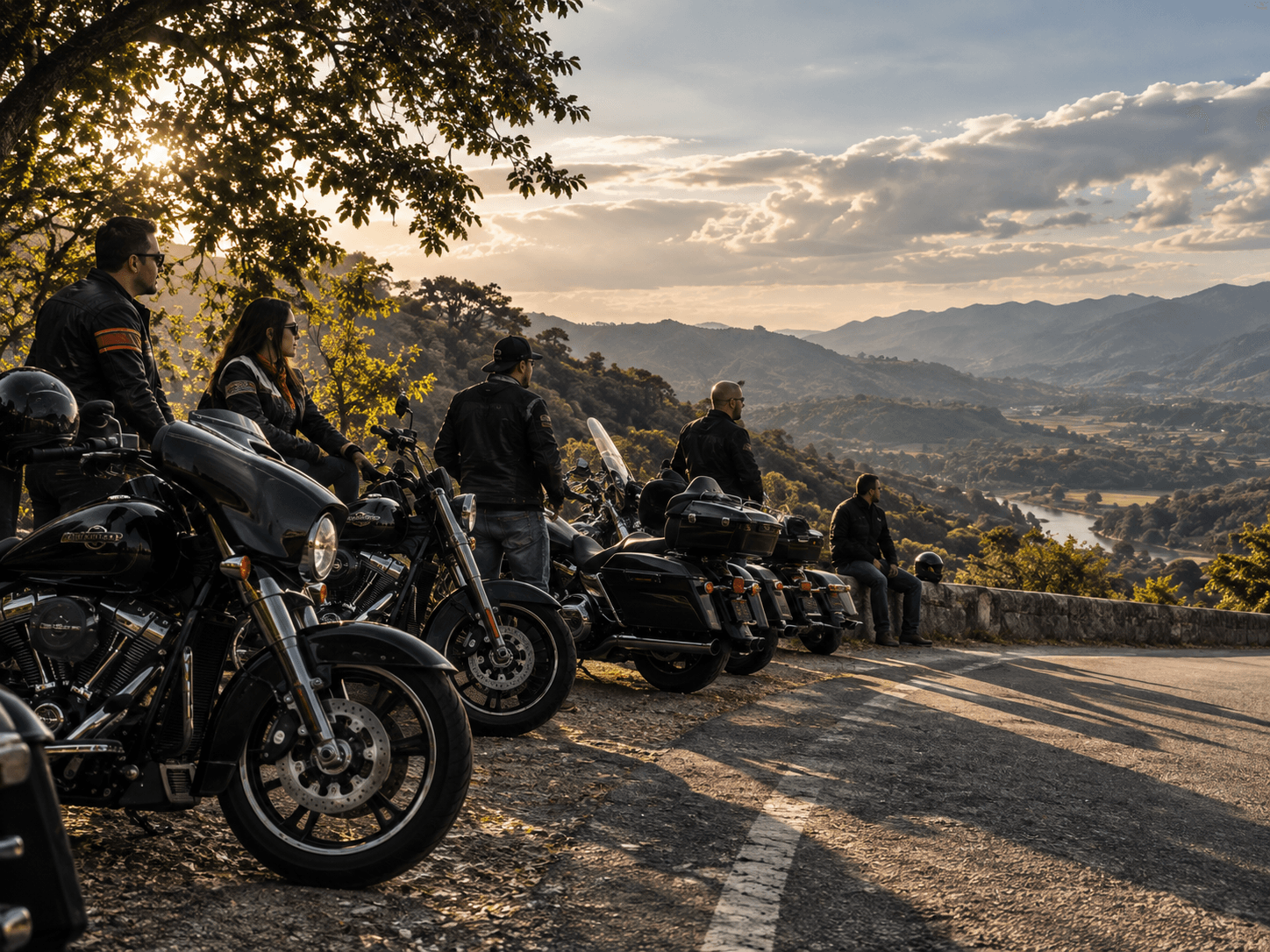 Grupo de motociclistas contemplando el valle desde un mirador en la carretera