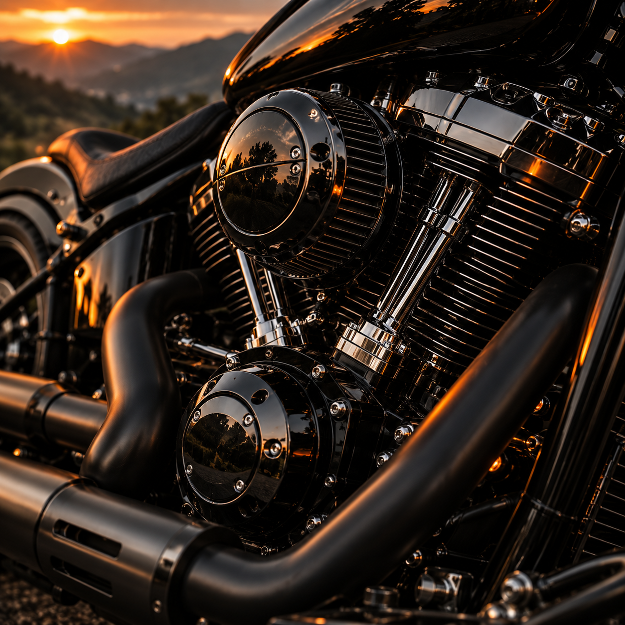 Detalle de motocicleta en la carretera de acceso a Nilo al atardecer